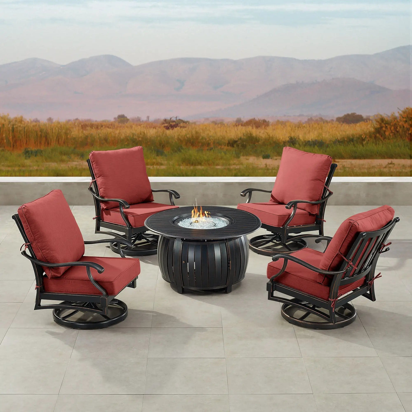 Black Aluminum Fire Table Set with Four Club Chairs by Sharicks