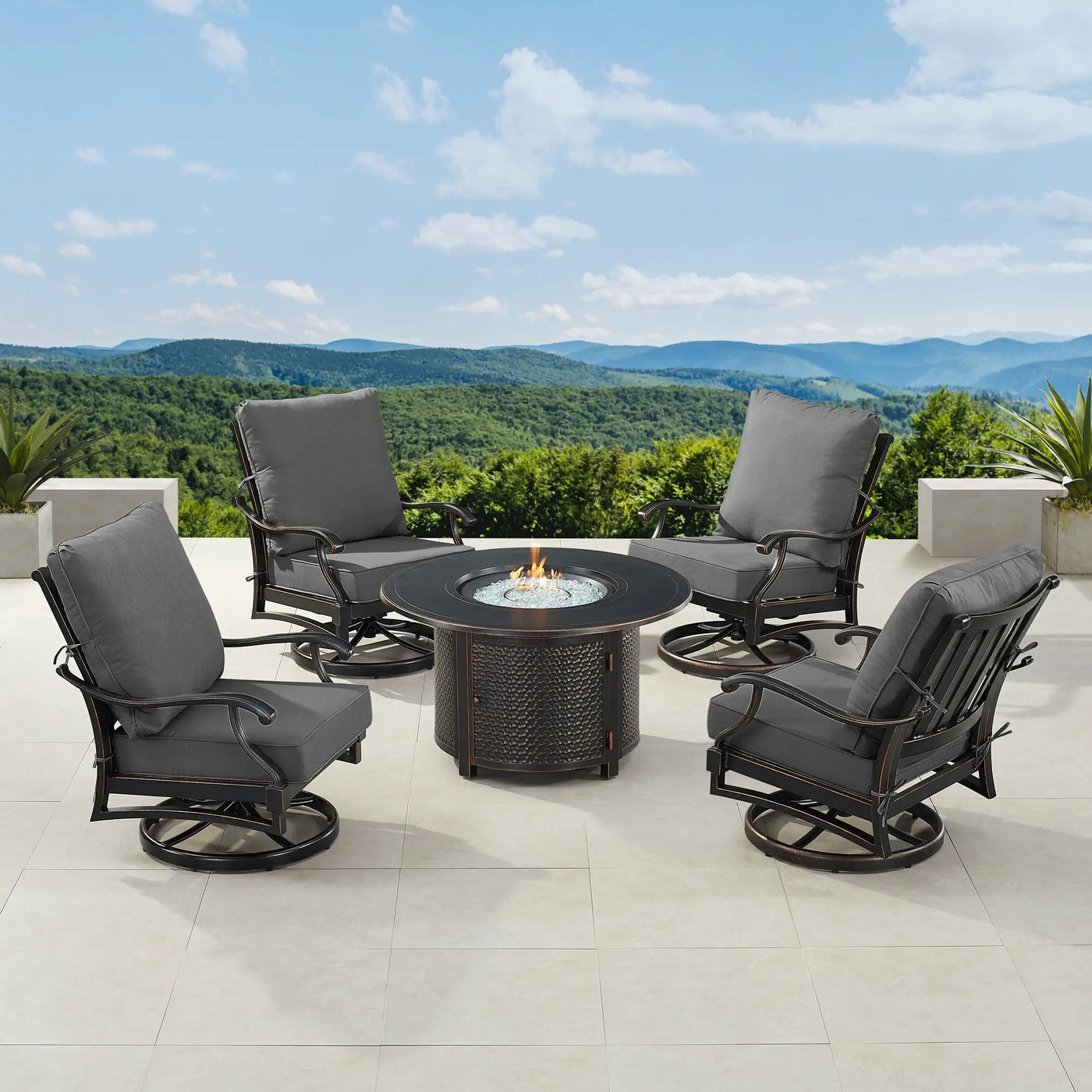 Black Aluminum Fire Table Set with Four Club Chairs by Sharicks