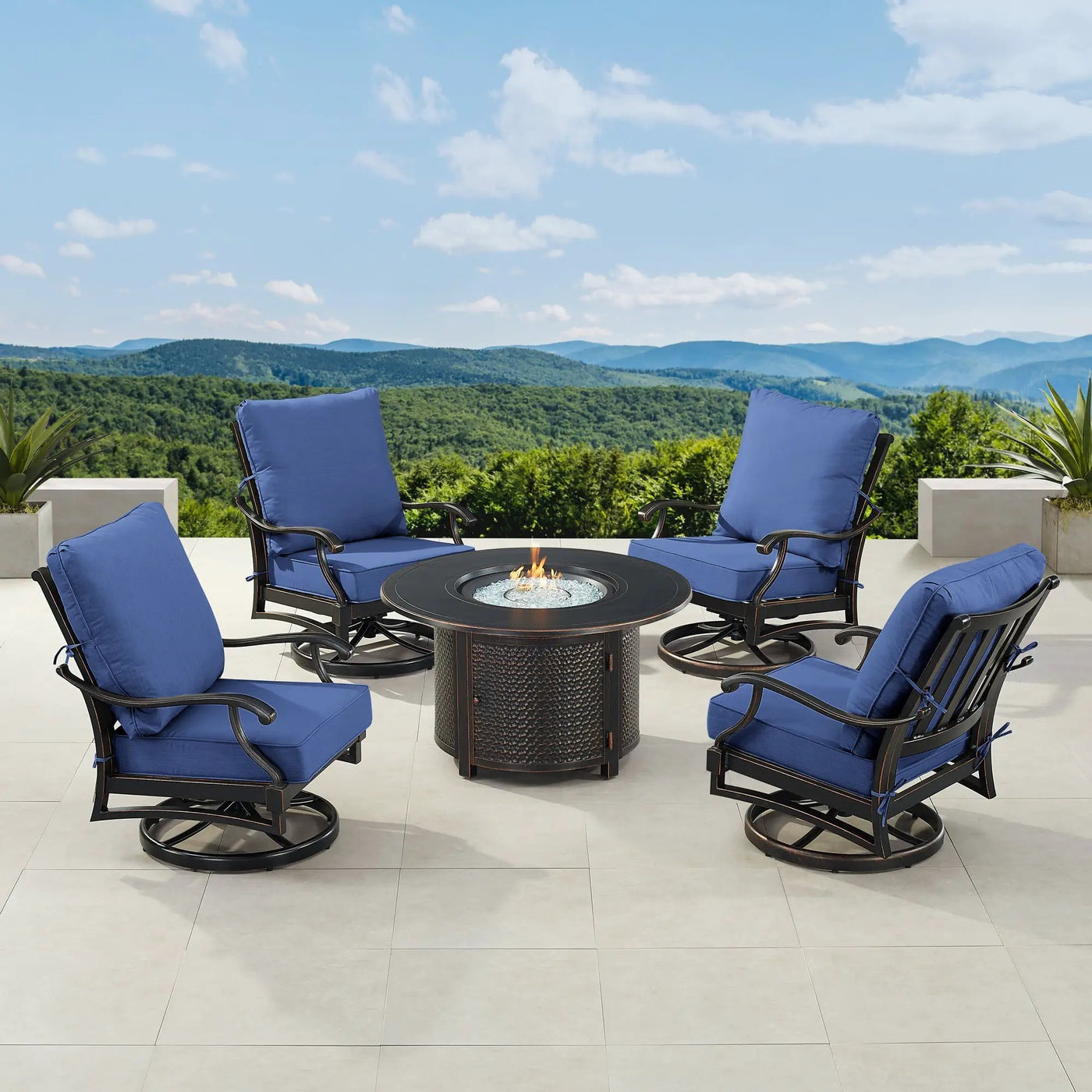 Black Aluminum Fire Table Set with Four Club Chairs by Sharicks