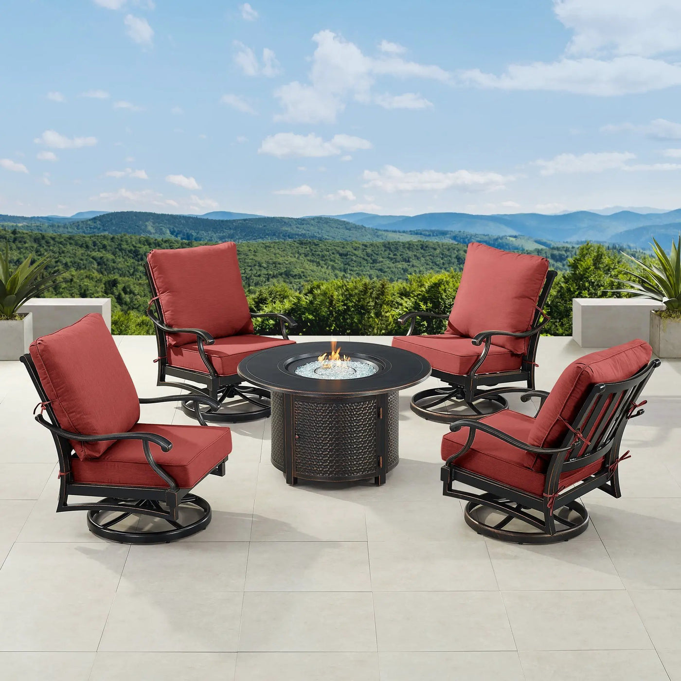 Black Aluminum Fire Table Set with Four Club Chairs by Sharicks