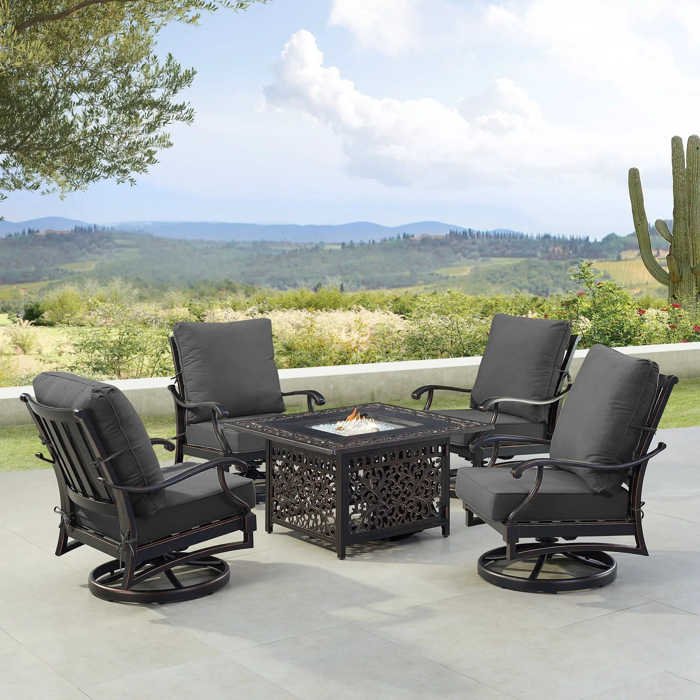 Black Aluminum Fire Table Set with Four Club Chairs by Sharicks