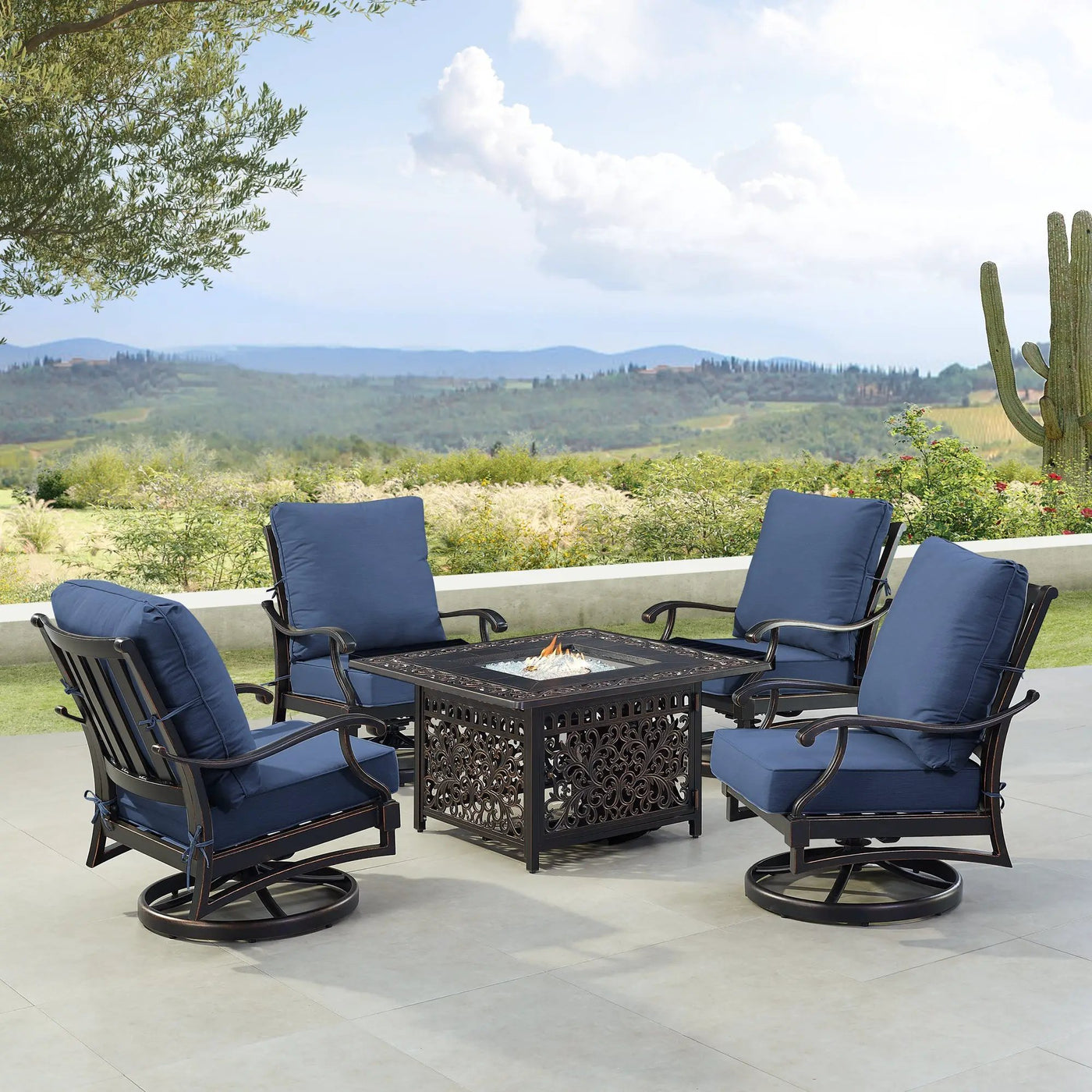 Black Aluminum Fire Table Set with Four Club Chairs by Sharicks