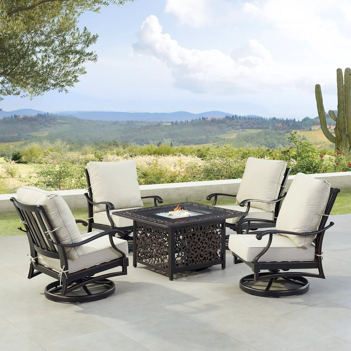 Black Aluminum Fire Table Set with Four Club Chairs by Sharicks