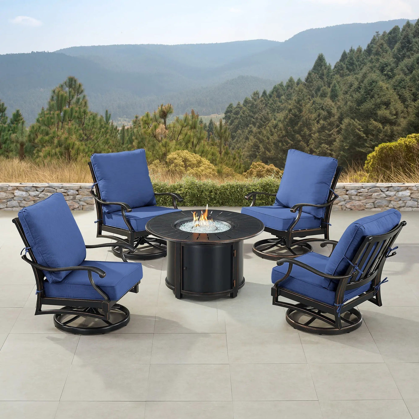 Black Aluminum Fire Table Set with Four Club Chairs by Sharicks