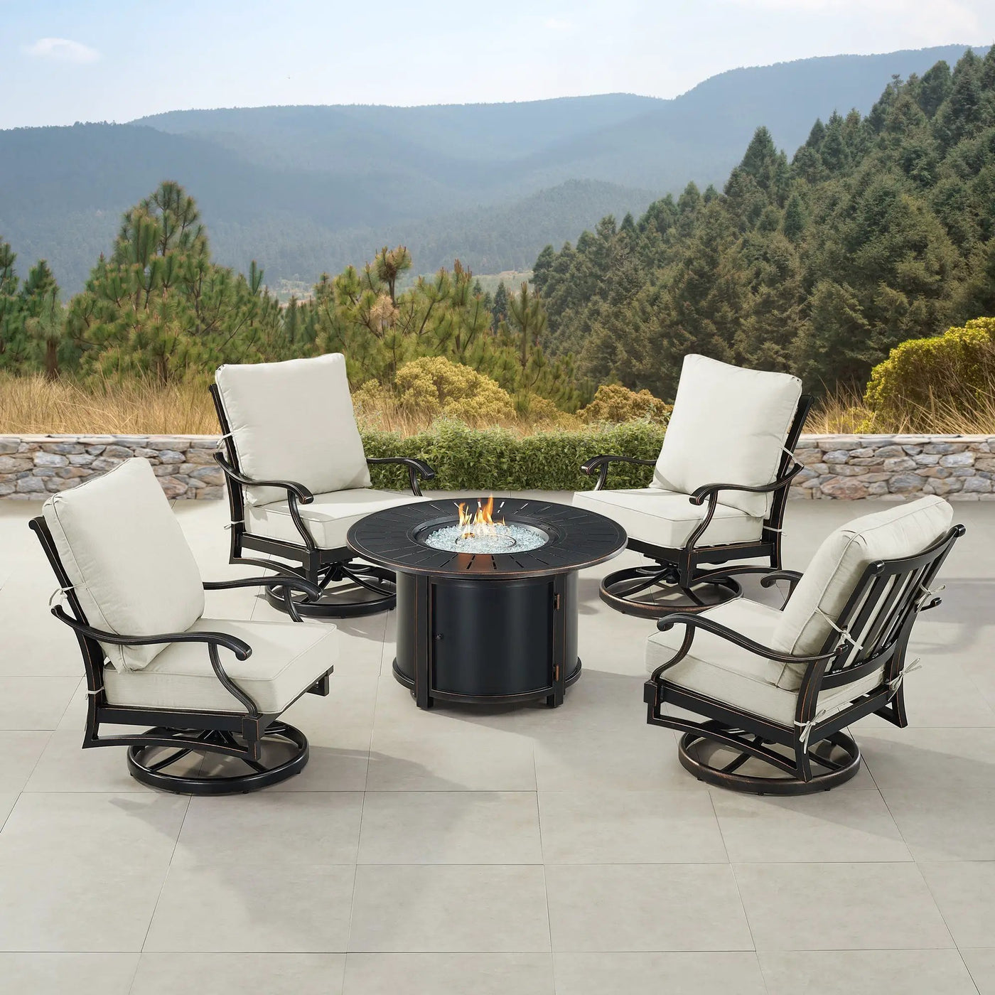 Black Aluminum Fire Table Set with Four Club Chairs by Sharicks