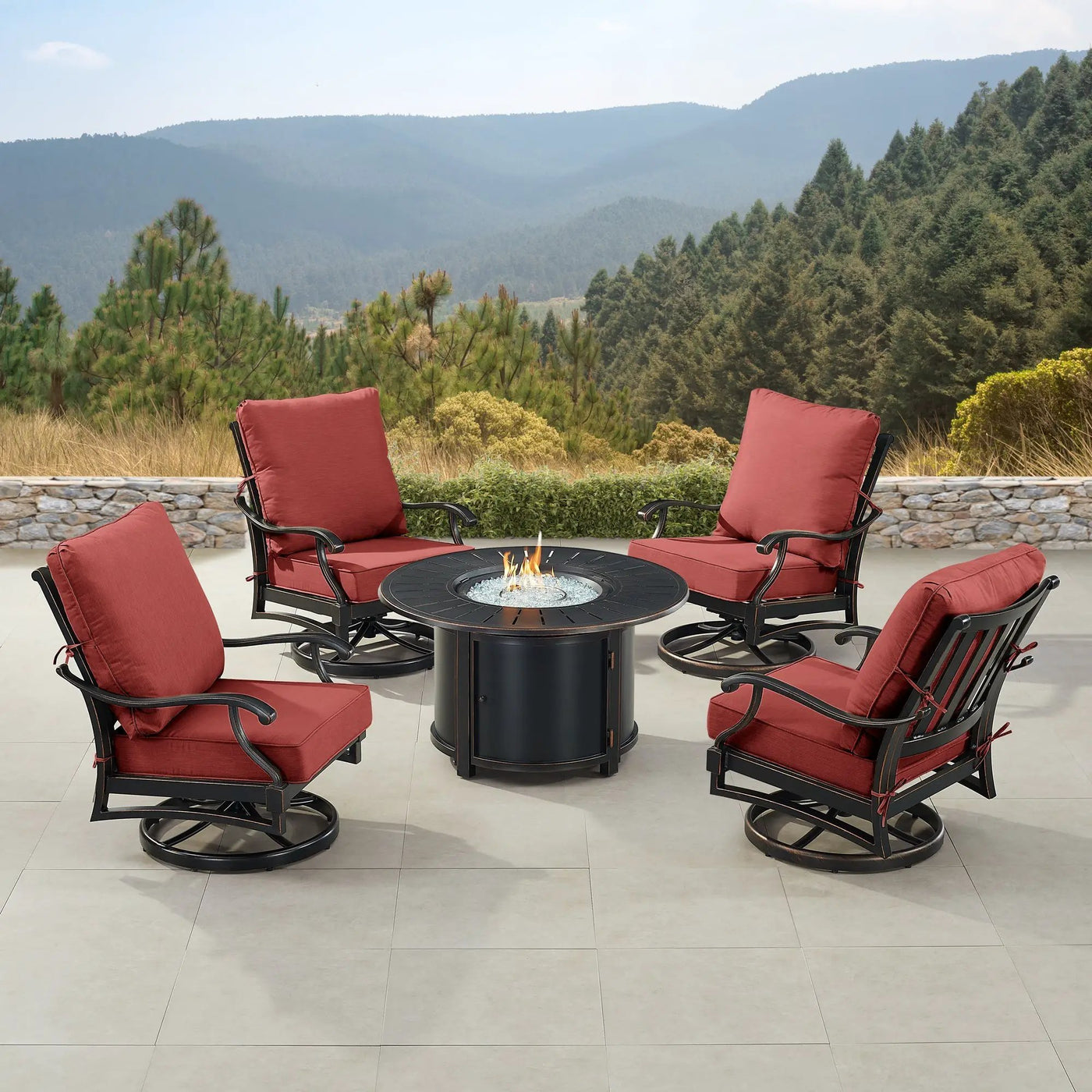 Black Aluminum Fire Table Set with Four Club Chairs by Sharicks