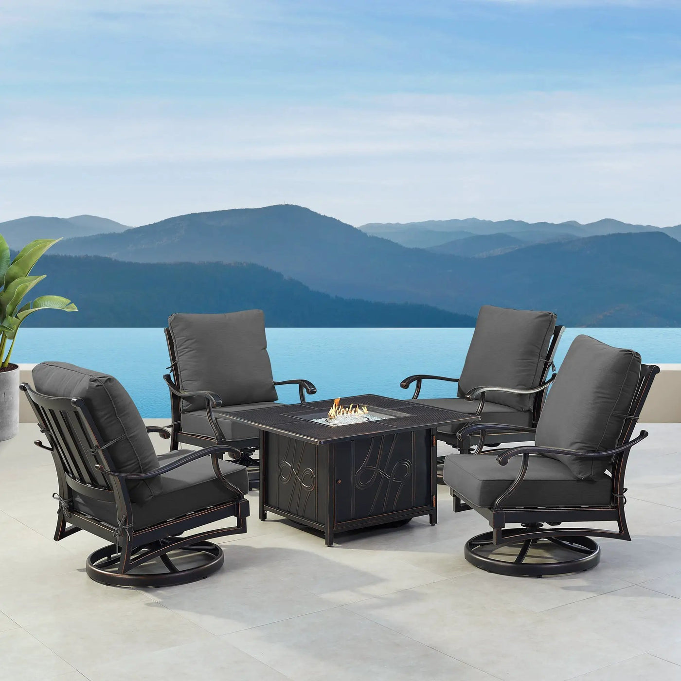 Black Aluminum Fire Table Set with Four Club Chairs by Sharicks