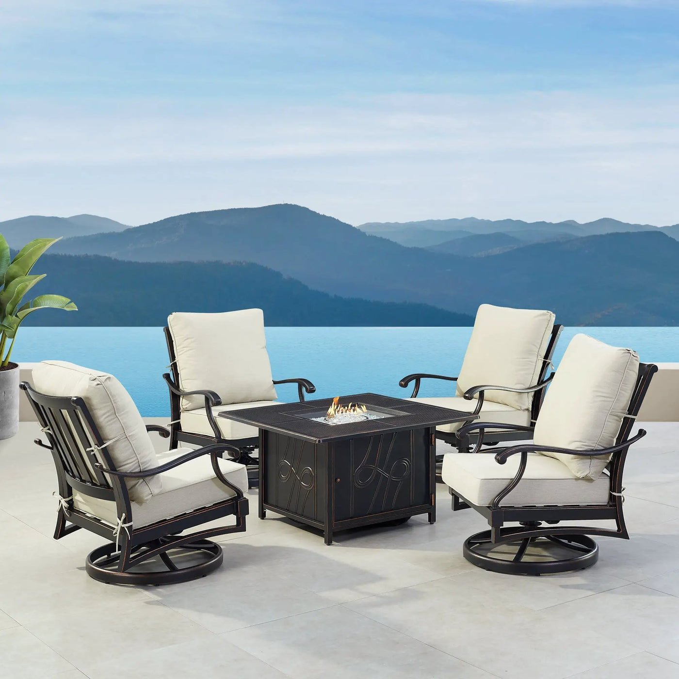 Black Aluminum Fire Table Set with Four Club Chairs by Sharicks