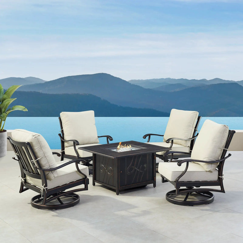 Black Aluminum Fire Table Set with Four Club Chairs by Sharicks