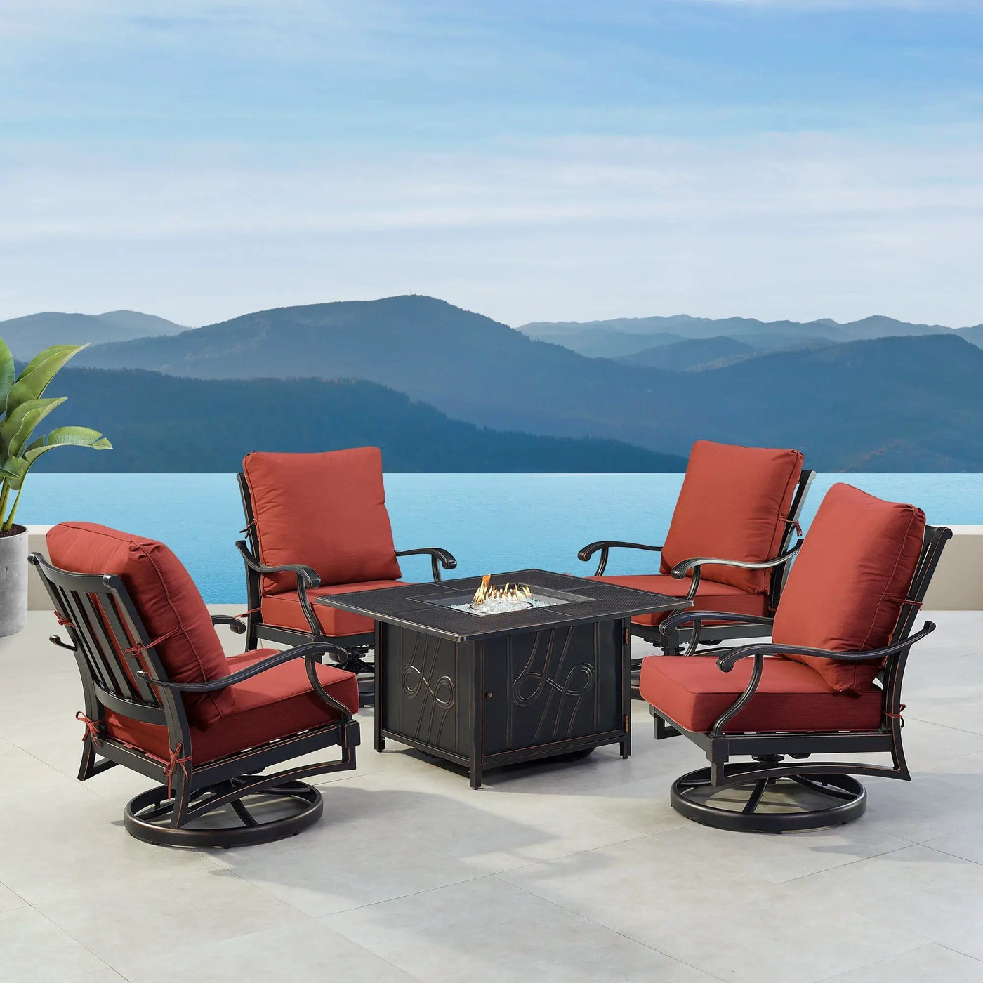 Black Aluminum Fire Table Set with Four Club Chairs by Sharicks