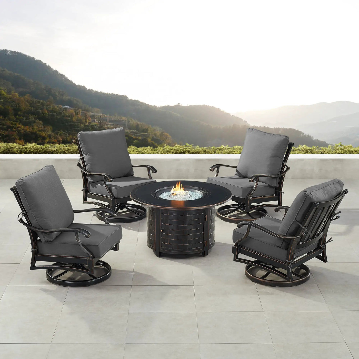 Black Aluminum Fire Table Set with Four Club Chairs by Sharicks