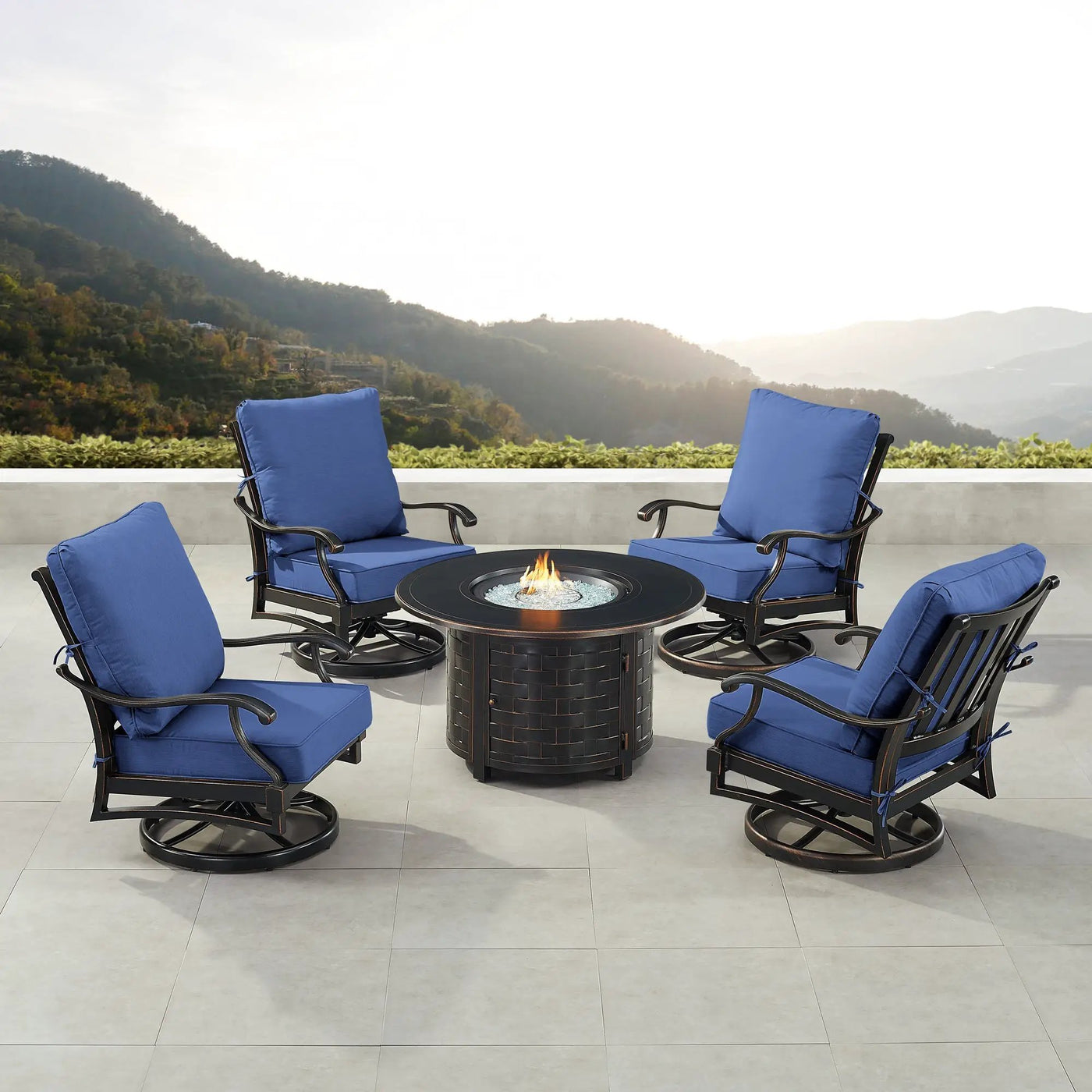 Black Aluminum Fire Table Set with Four Club Chairs by Sharicks
