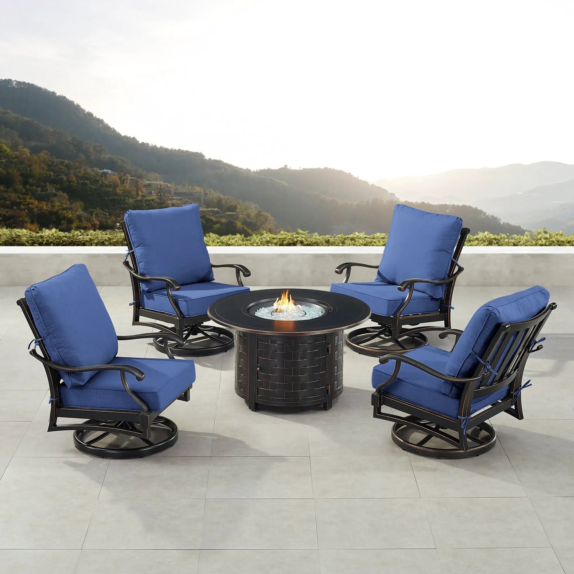 Black Aluminum Fire Table Set with Four Club Chairs by Sharicks