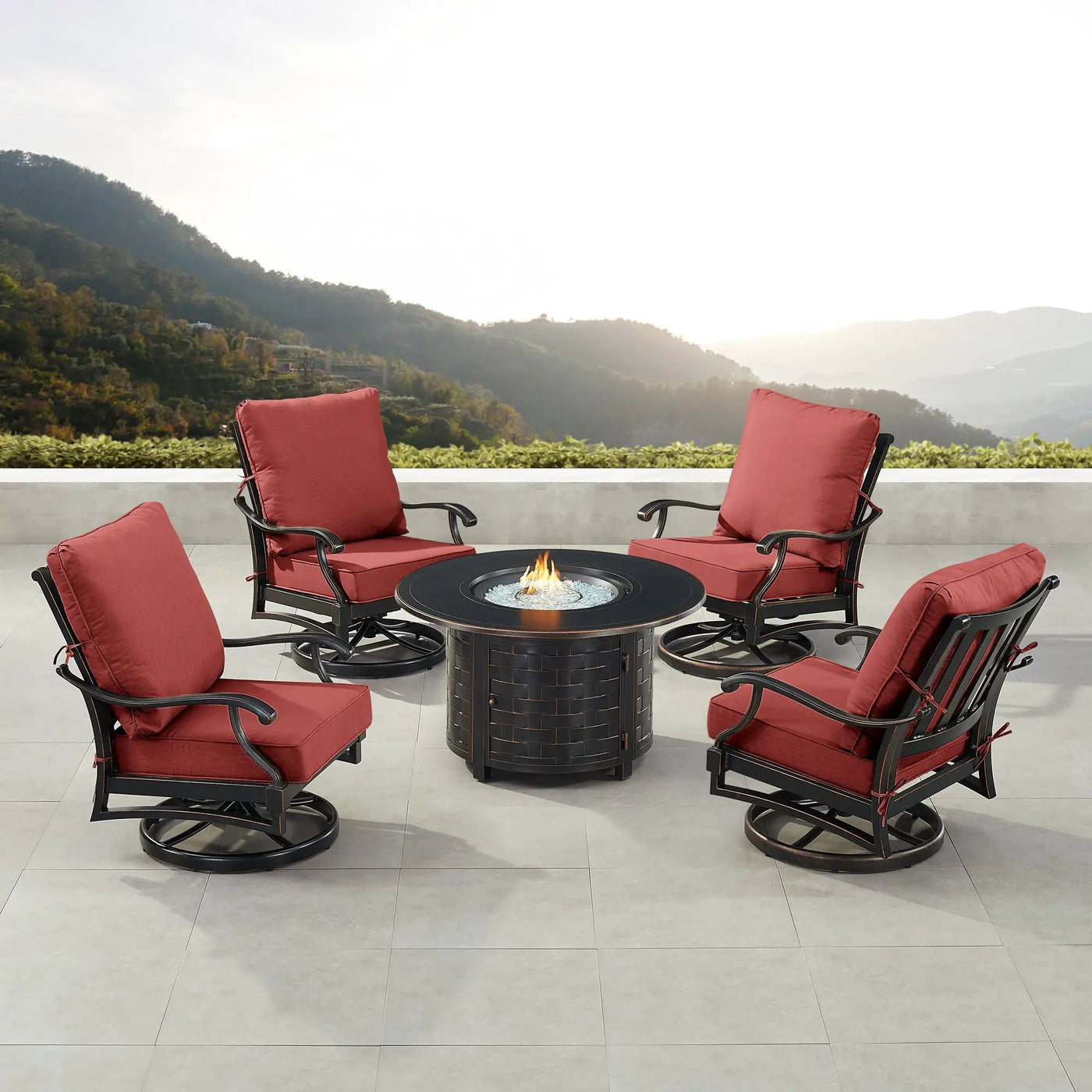 Black Aluminum Fire Table Set with Four Club Chairs by Sharicks