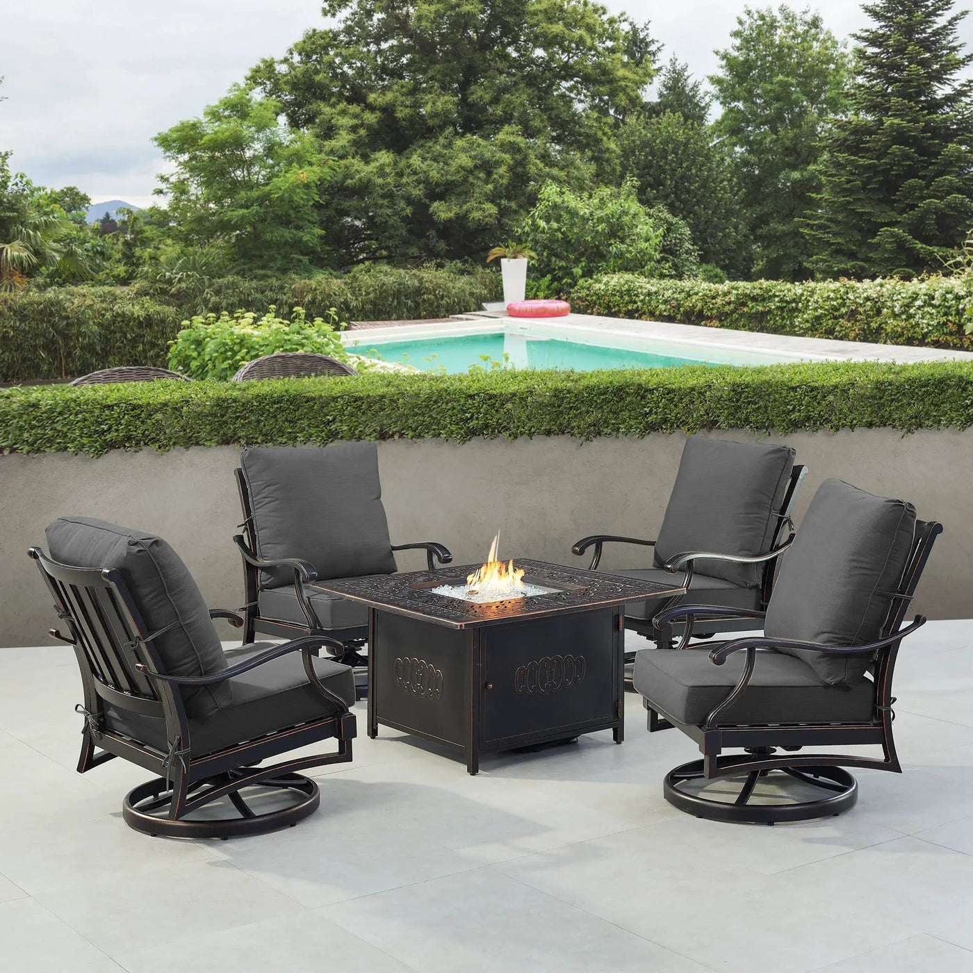 Black Aluminum Fire Table Set with Four Club Chairs by Sharicks