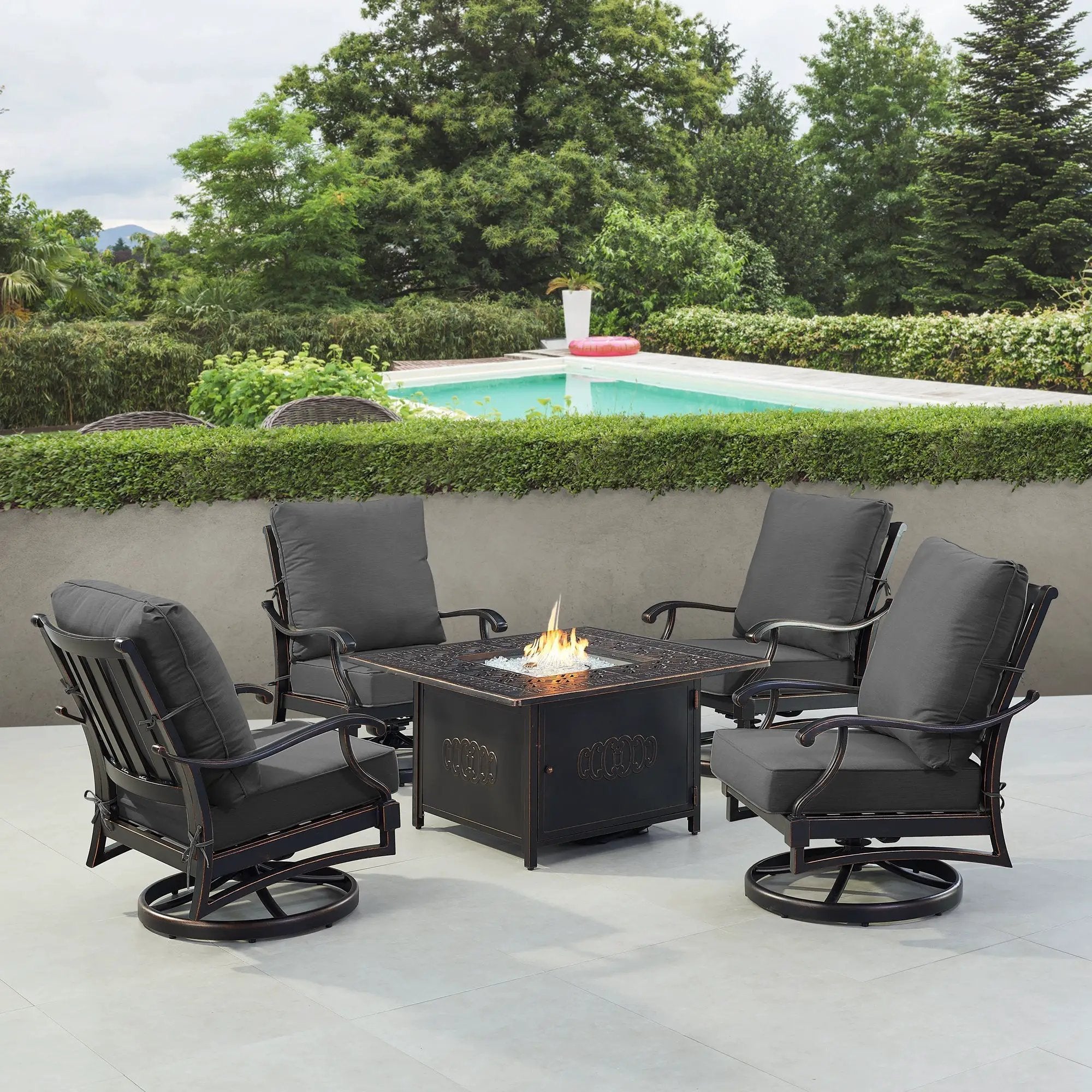 Black Aluminum Fire Table Set with Four Club Chairs by Sharicks