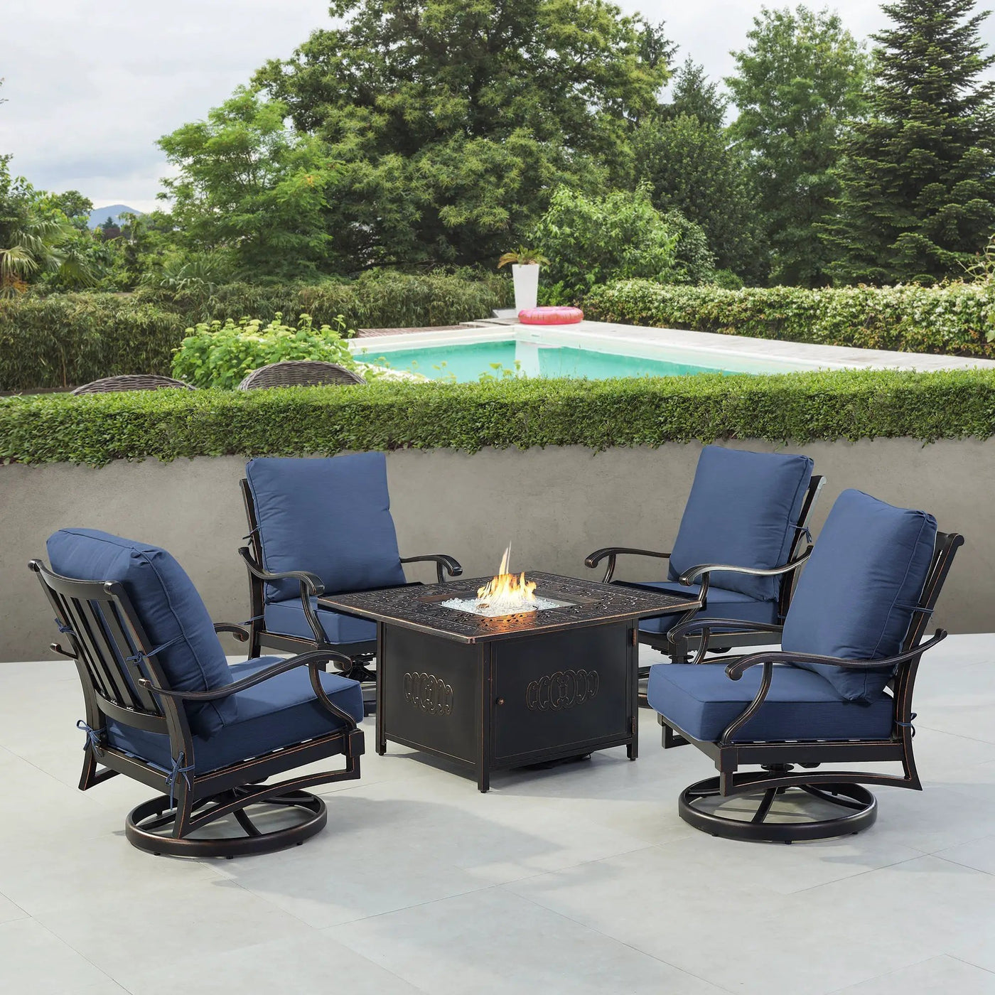 Black Aluminum Fire Table Set with Four Club Chairs by Sharicks