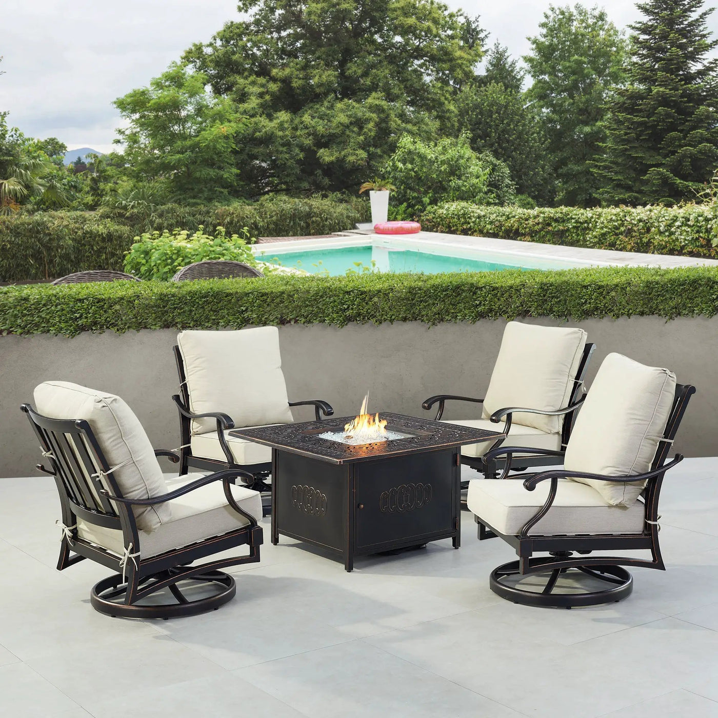 Black Aluminum Fire Table Set with Four Club Chairs by Sharicks