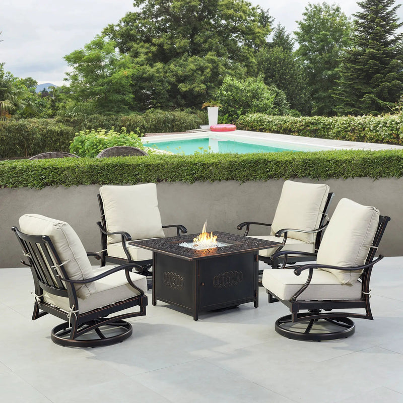 Black Aluminum Fire Table Set with Four Club Chairs by Sharicks