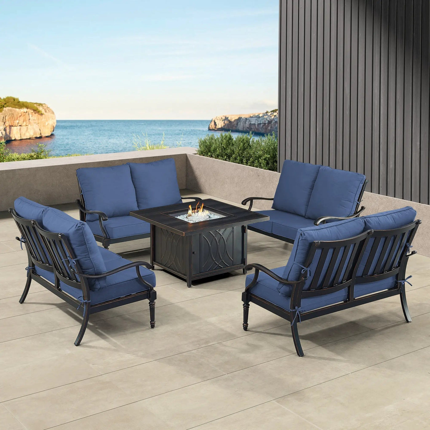 Black Aluminum Fire Table Set with Four Deep Seating Loveseats by Sharicks