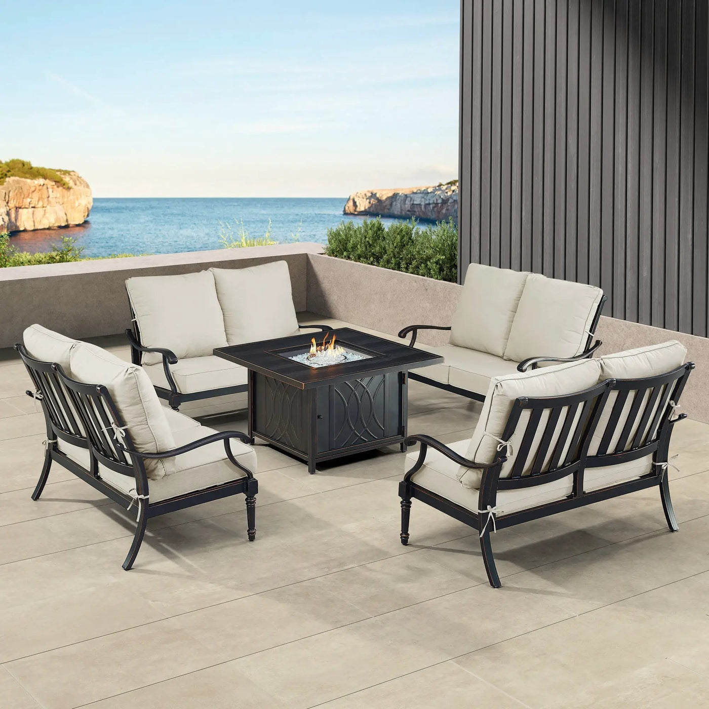 Black Aluminum Fire Table Set with Four Deep Seating Loveseats by Sharicks