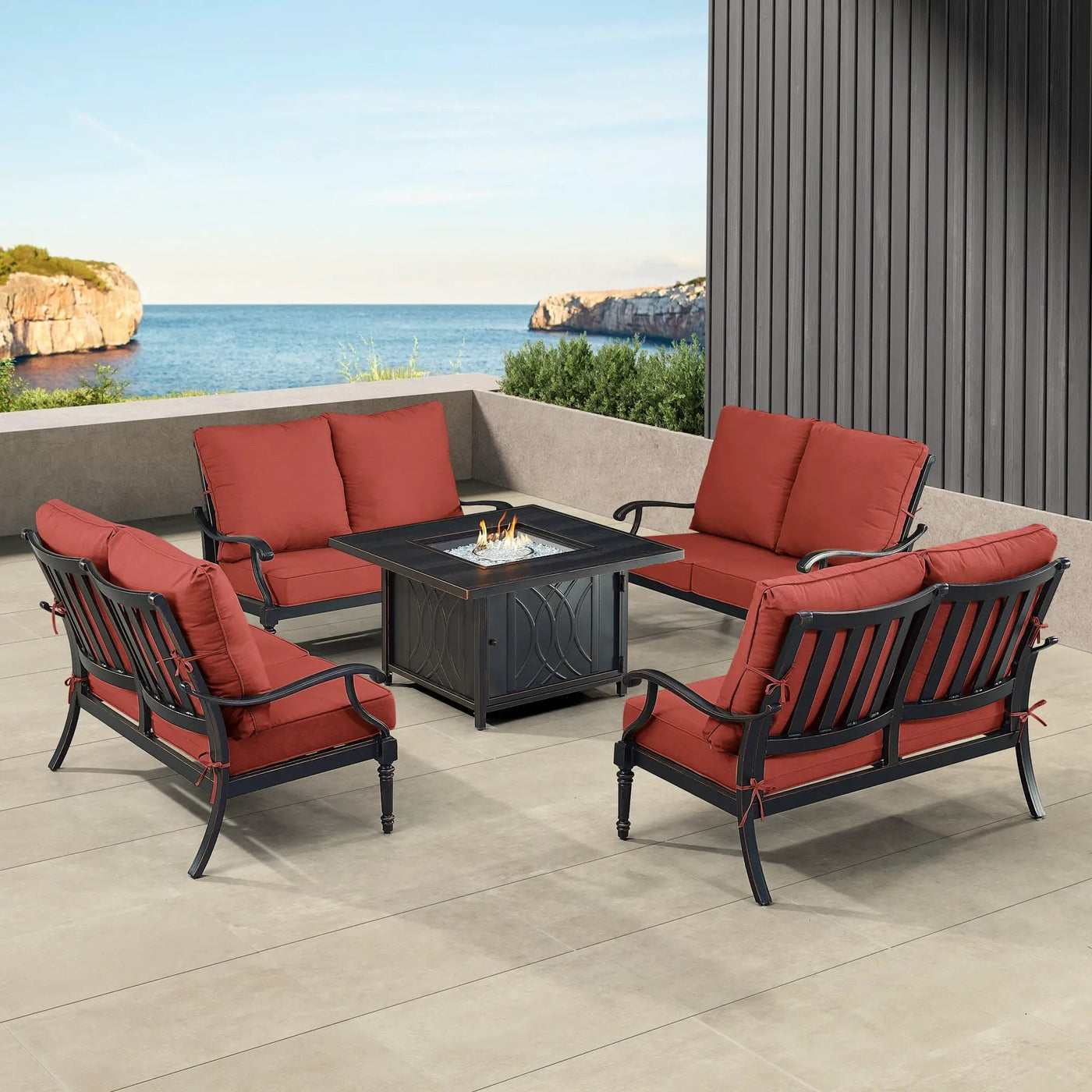 Black Aluminum Fire Table Set with Four Deep Seating Loveseats by Sharicks