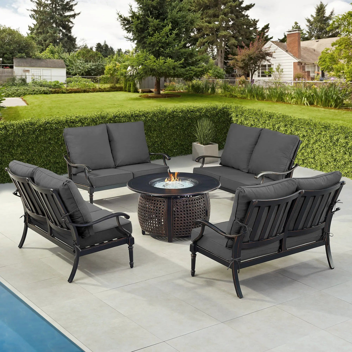 Black Aluminum Fire Table Set with Four Deep Seating Loveseats by Sharicks
