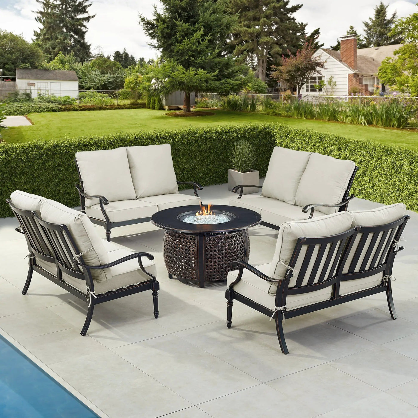 Black Aluminum Fire Table Set with Four Deep Seating Loveseats by Sharicks