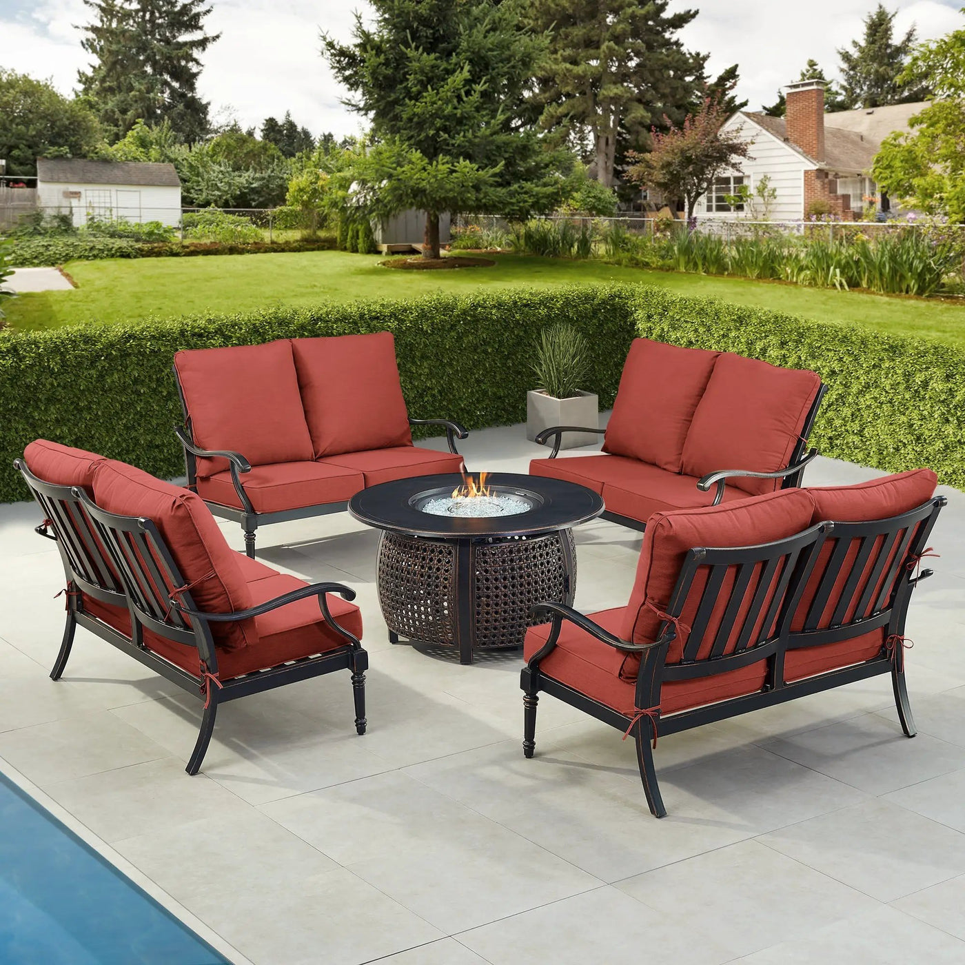 Black Aluminum Fire Table Set with Four Deep Seating Loveseats by Sharicks