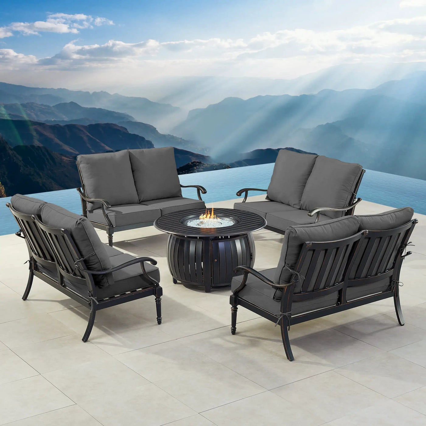 Black Aluminum Fire Table Set with Four Deep Seating Loveseats by Sharicks