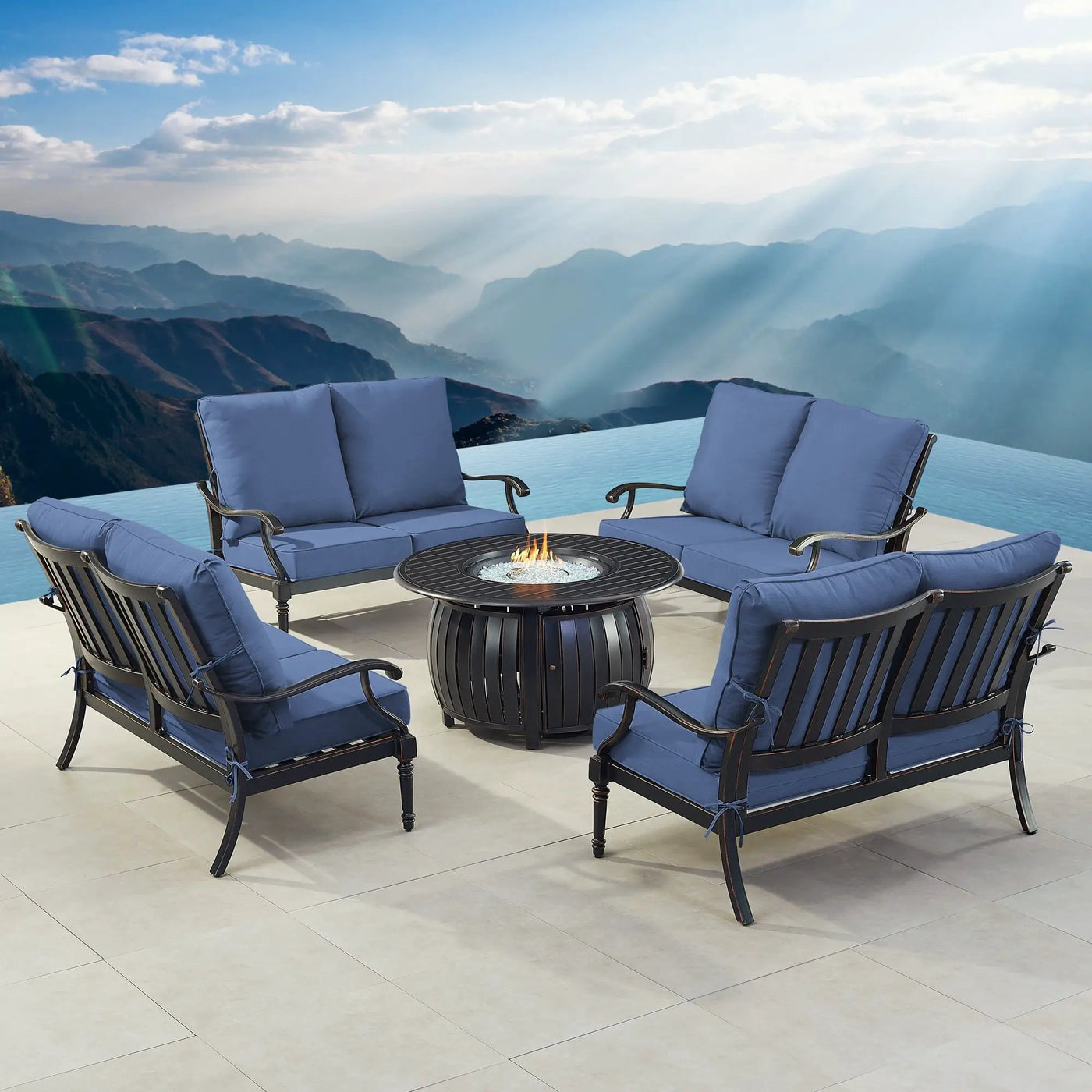 Black Aluminum Fire Table Set with Four Deep Seating Loveseats by Sharicks