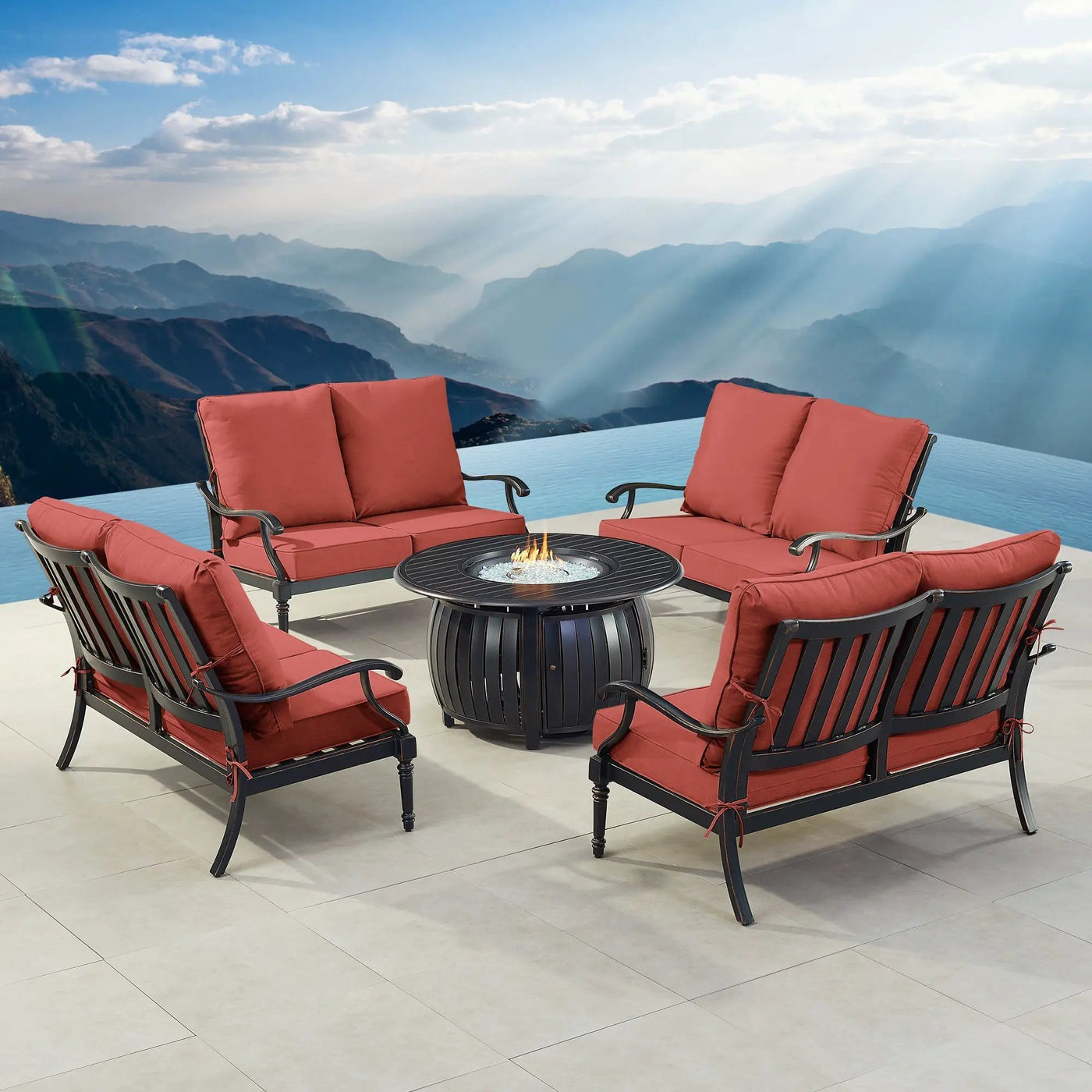 Black Aluminum Fire Table Set with Four Deep Seating Loveseats by Sharicks