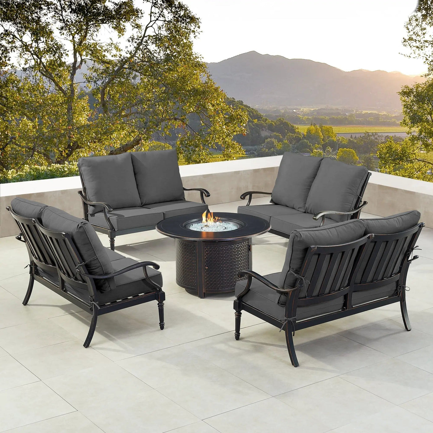 Black Aluminum Fire Table Set with Four Deep Seating Loveseats by Sharicks