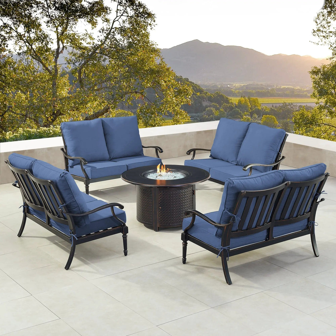 Black Aluminum Fire Table Set with Four Deep Seating Loveseats by Sharicks