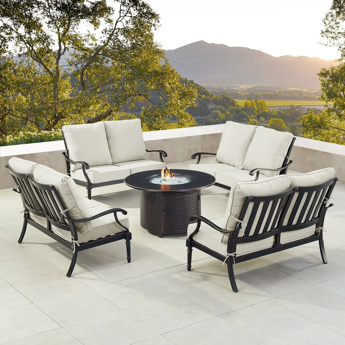 Black Aluminum Fire Table Set with Four Deep Seating Loveseats by Sharicks