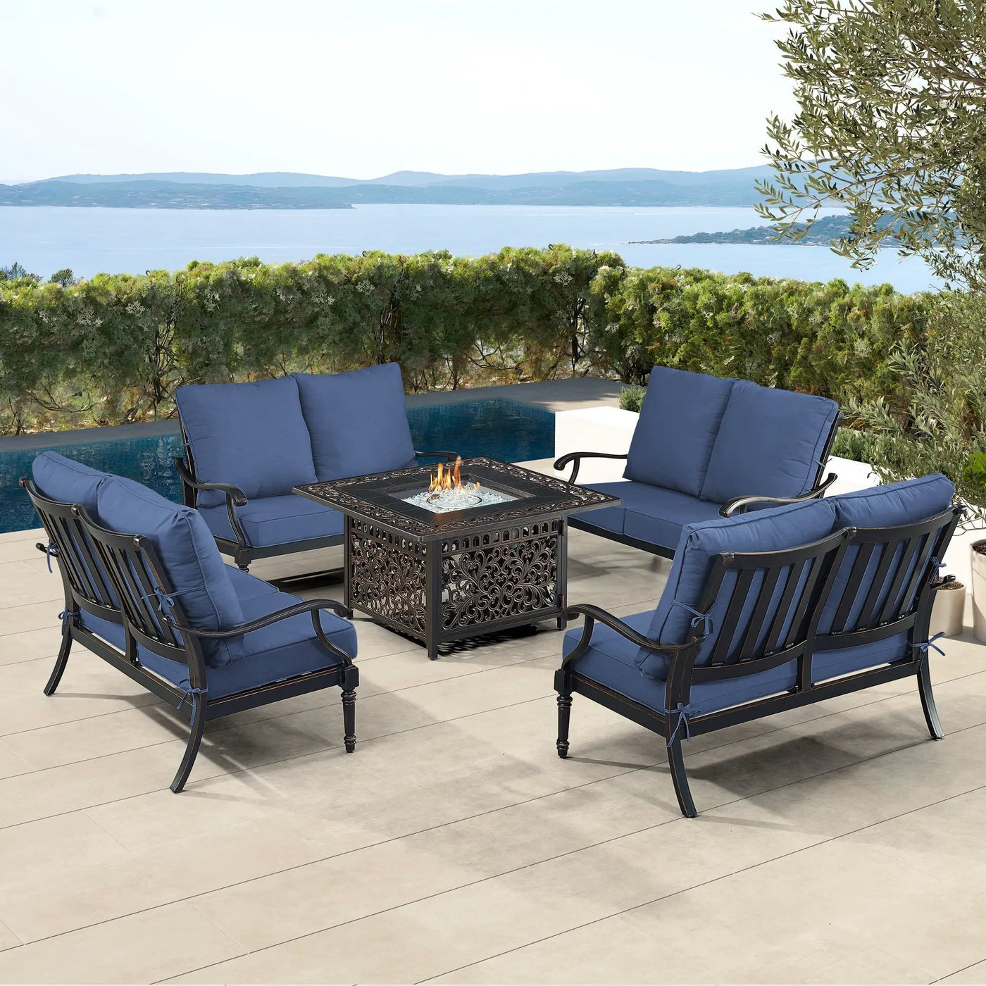 Black Aluminum Fire Table Set with Four Deep Seating Loveseats by Sharicks