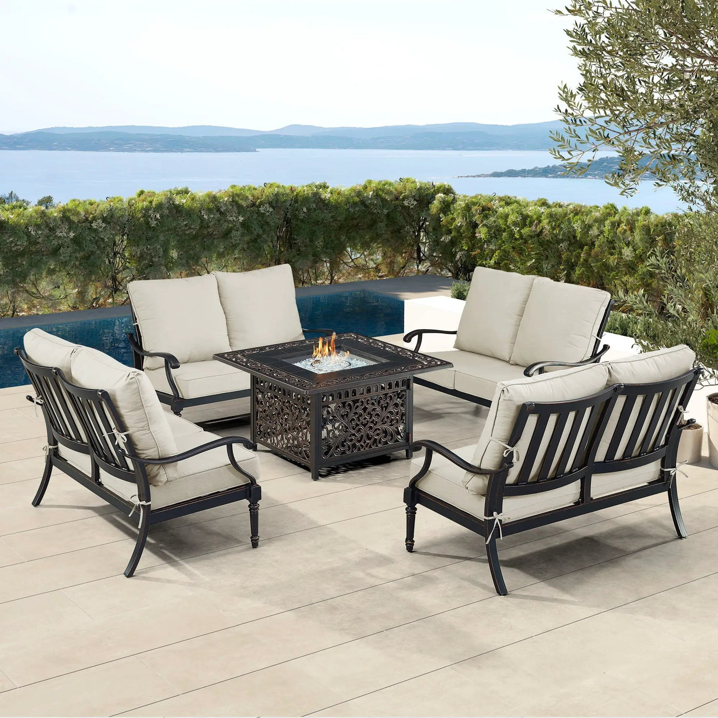 Black Aluminum Fire Table Set with Four Deep Seating Loveseats by Sharicks