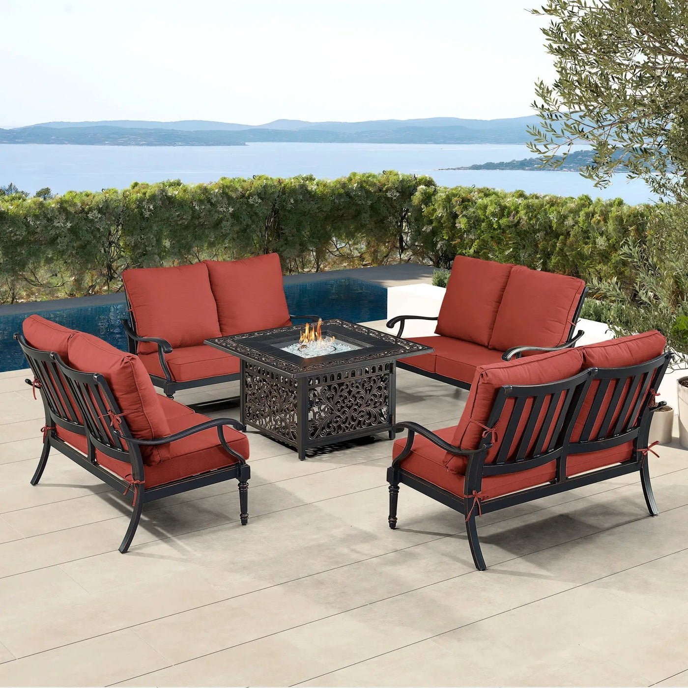 Black Aluminum Fire Table Set with Four Deep Seating Loveseats by Sharicks