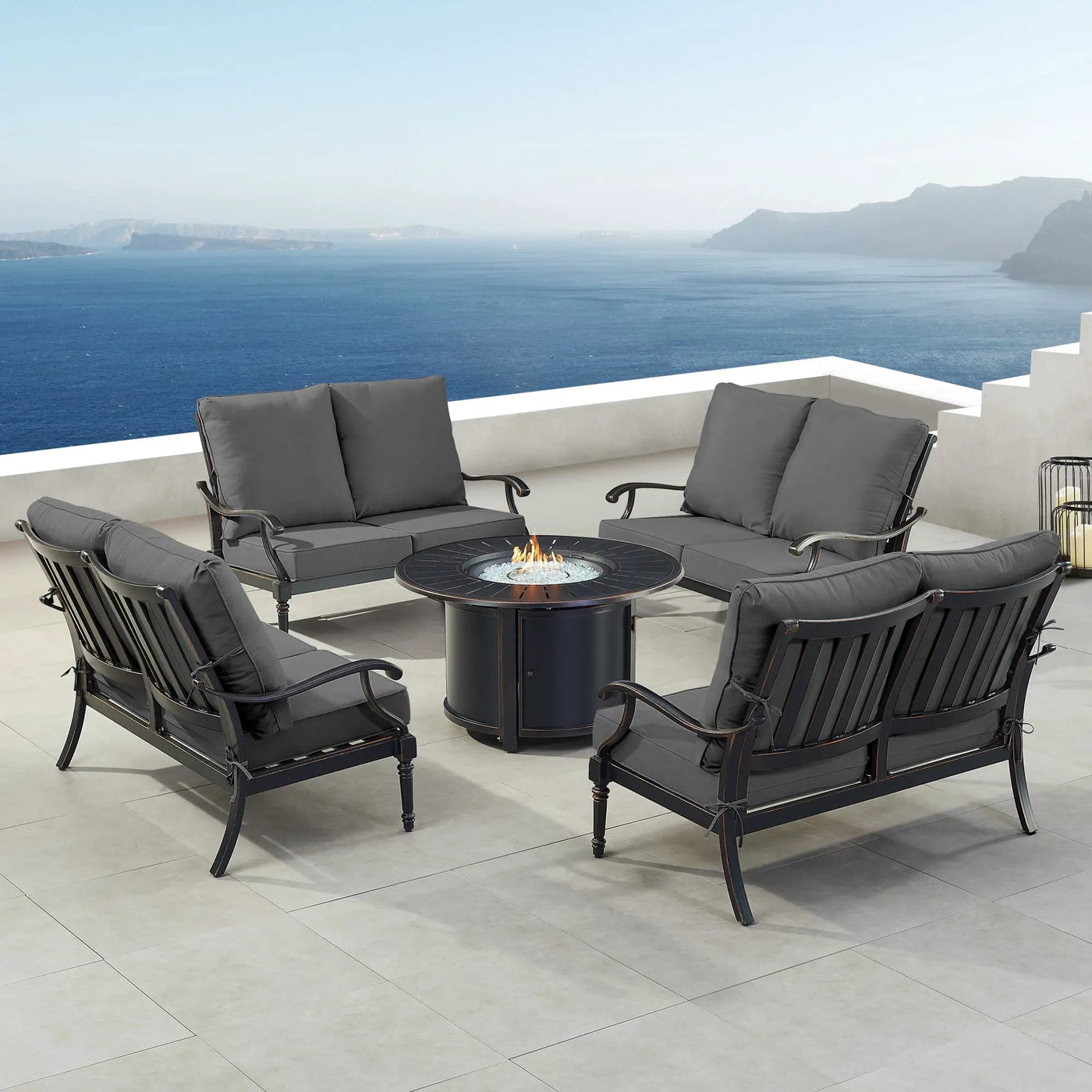 Black Aluminum Fire Table Set with Four Deep Seating Loveseats by Sharicks