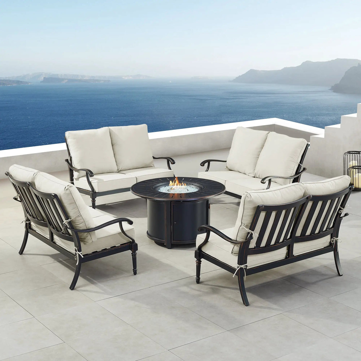 Black Aluminum Fire Table Set with Four Deep Seating Loveseats by Sharicks