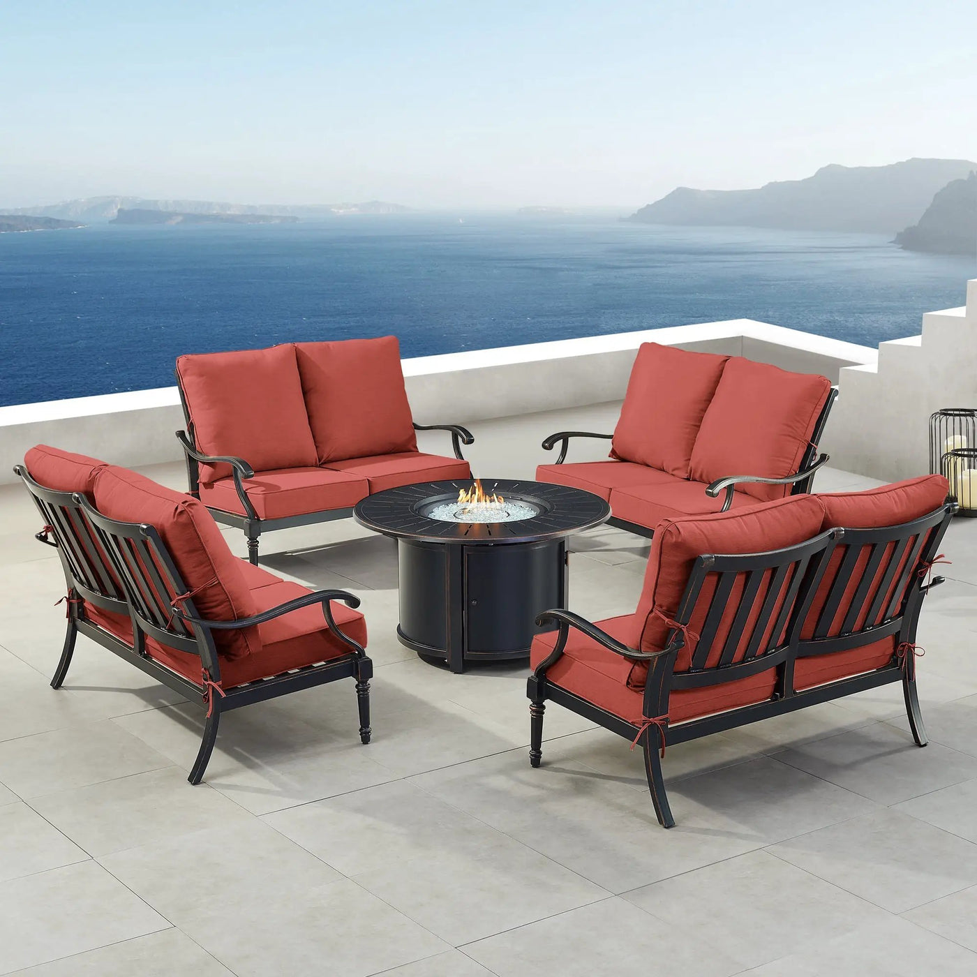 Black Aluminum Fire Table Set with Four Deep Seating Loveseats by Sharicks