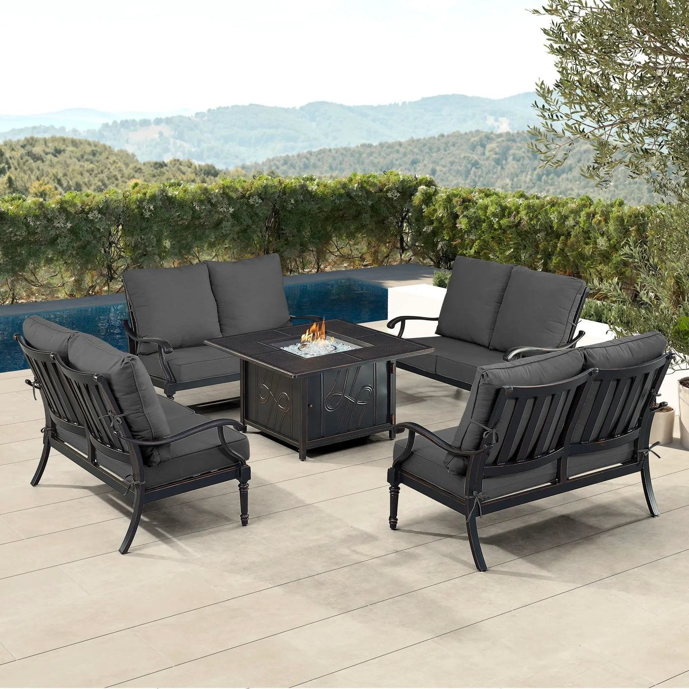 Black Aluminum Fire Table Set with Four Deep Seating Loveseats by Sharicks