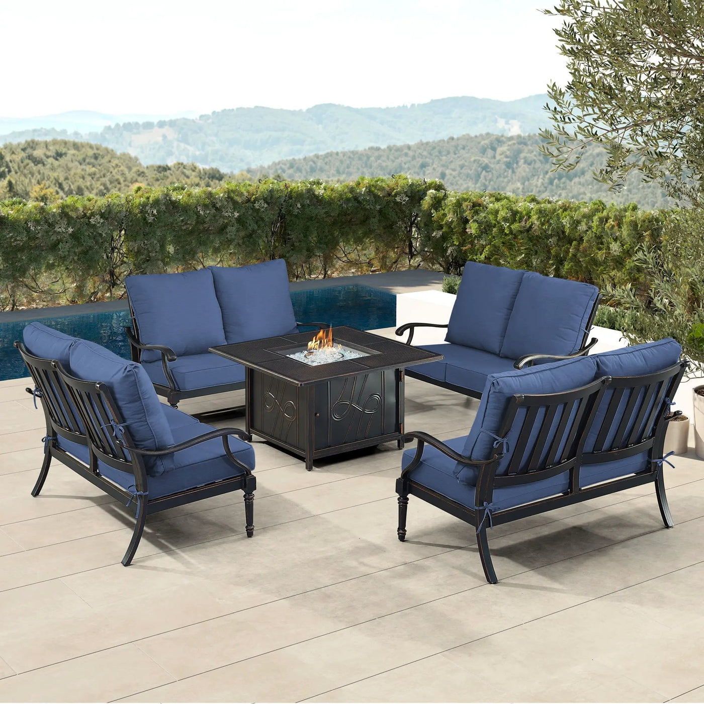 Black Aluminum Fire Table Set with Four Deep Seating Loveseats by Sharicks