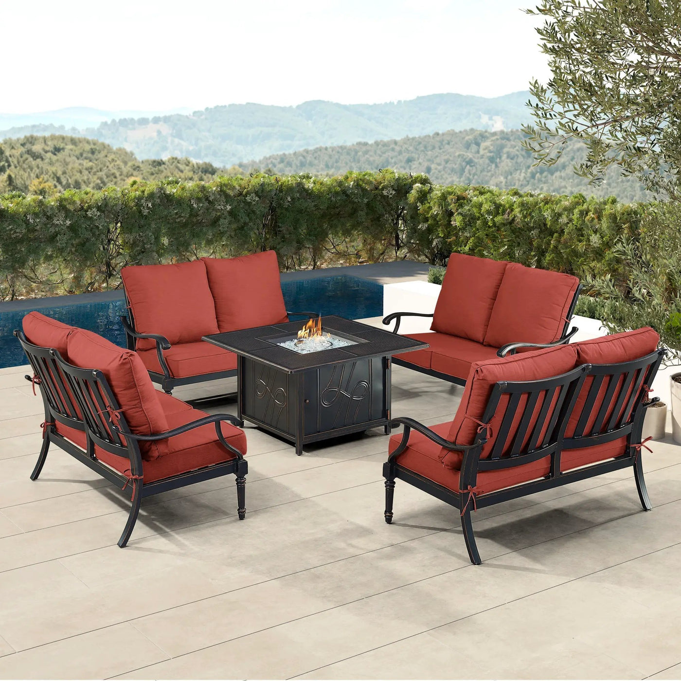 Black Aluminum Fire Table Set with Four Deep Seating Loveseats by Sharicks