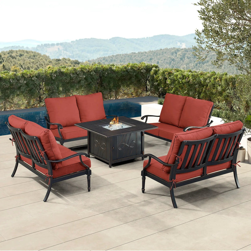Black Aluminum Fire Table Set with Four Deep Seating Loveseats by Sharicks