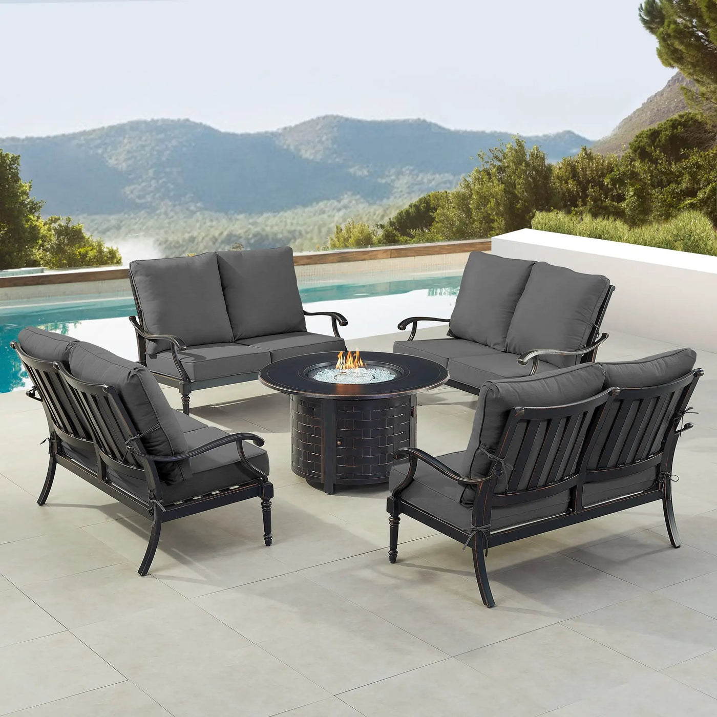 Black Aluminum Fire Table Set with Four Deep Seating Loveseats by Sharicks
