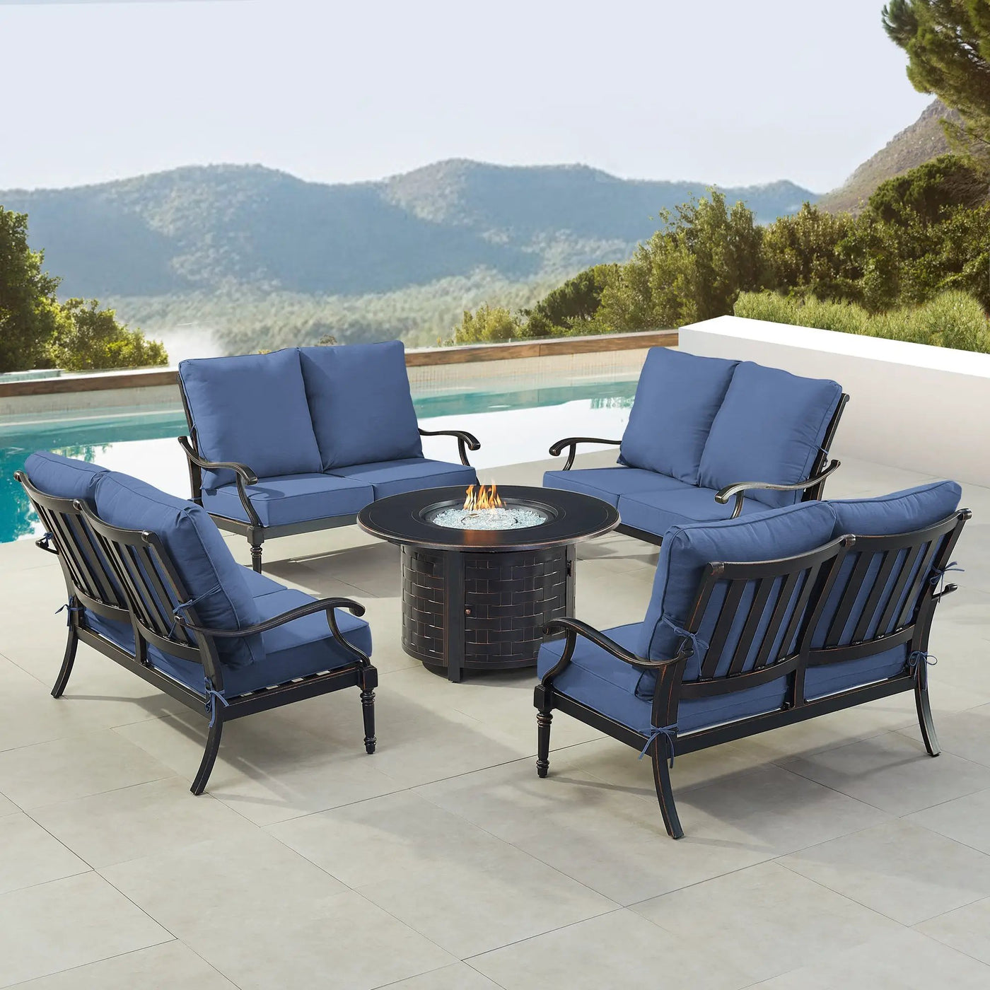 Black Aluminum Fire Table Set with Four Deep Seating Loveseats by Sharicks