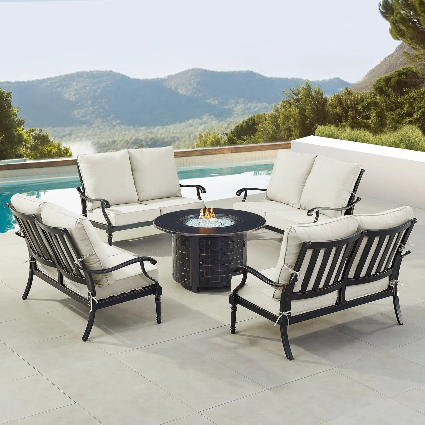 Black Aluminum Fire Table Set with Four Deep Seating Loveseats by Sharicks