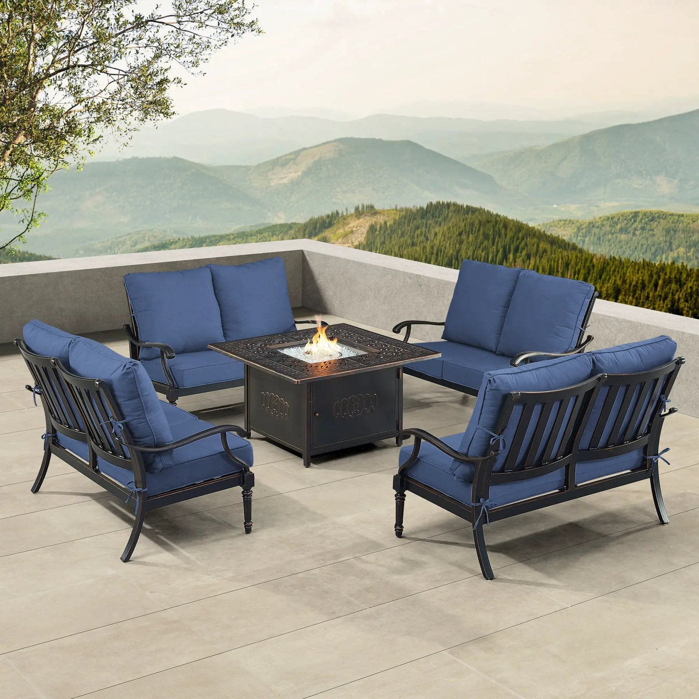 Black Aluminum Fire Table Set with Four Deep Seating Loveseats by Sharicks