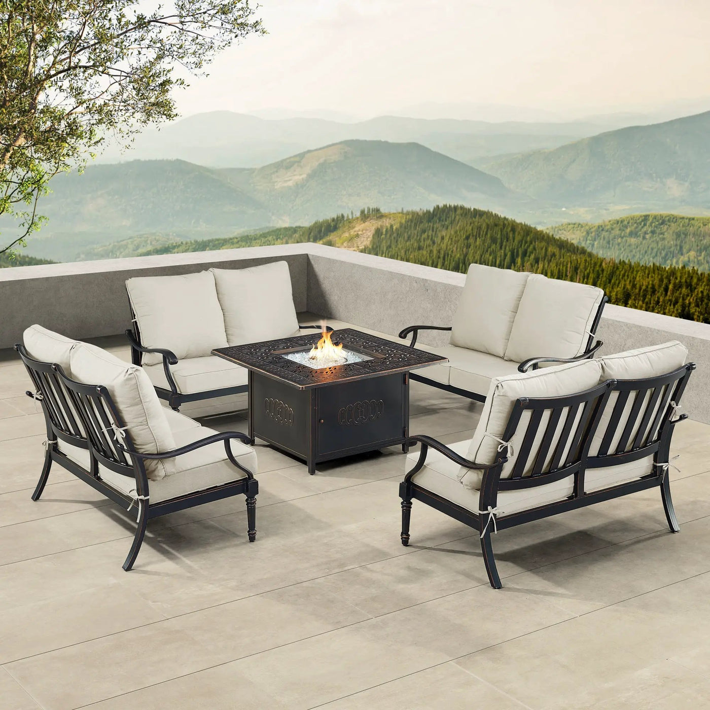 Black Aluminum Fire Table Set with Four Deep Seating Loveseats by Sharicks